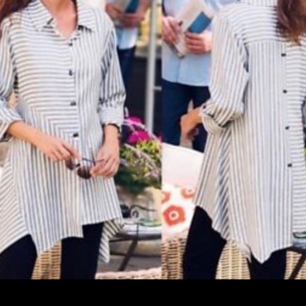 Striped Button-Front Tunic Top - White & Black